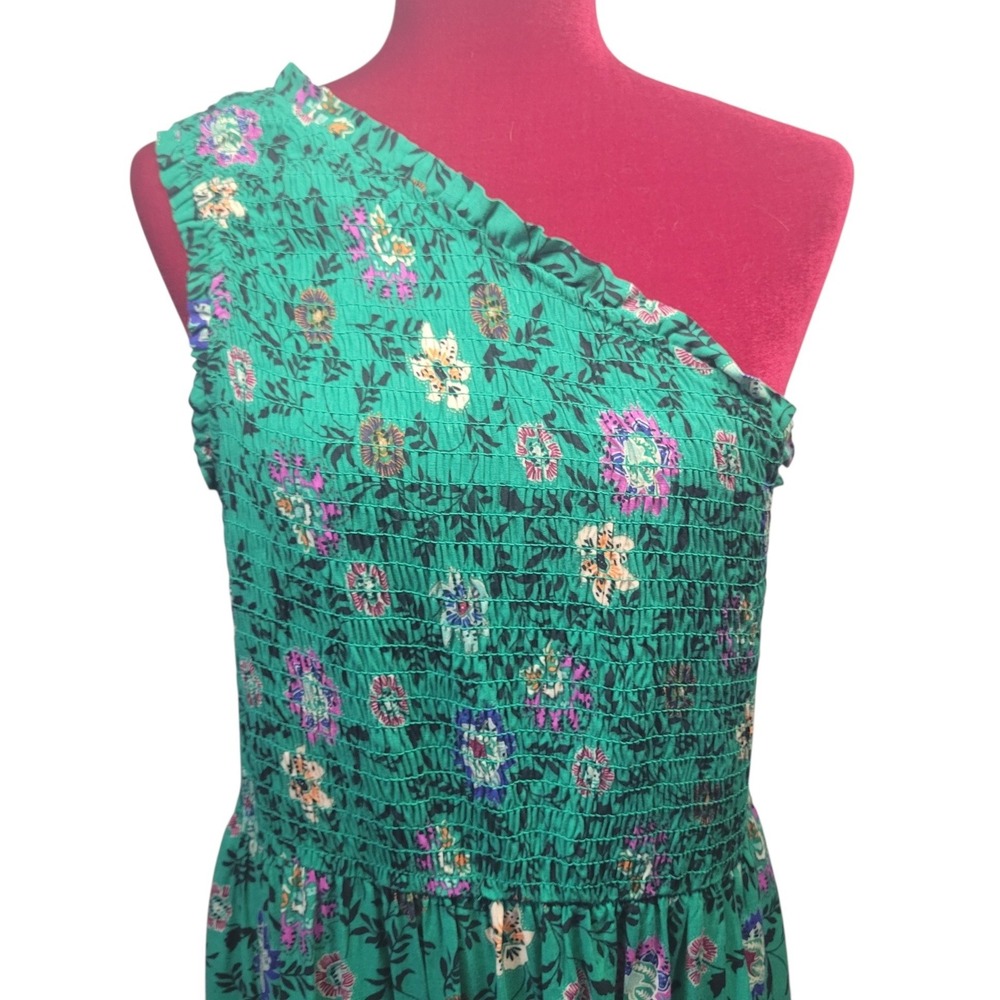 Knox Rose Green Floral One Shoulder Smocked Maxi Dress Boho Tiered Pocket. Sz lg - Picture 2 of 8
